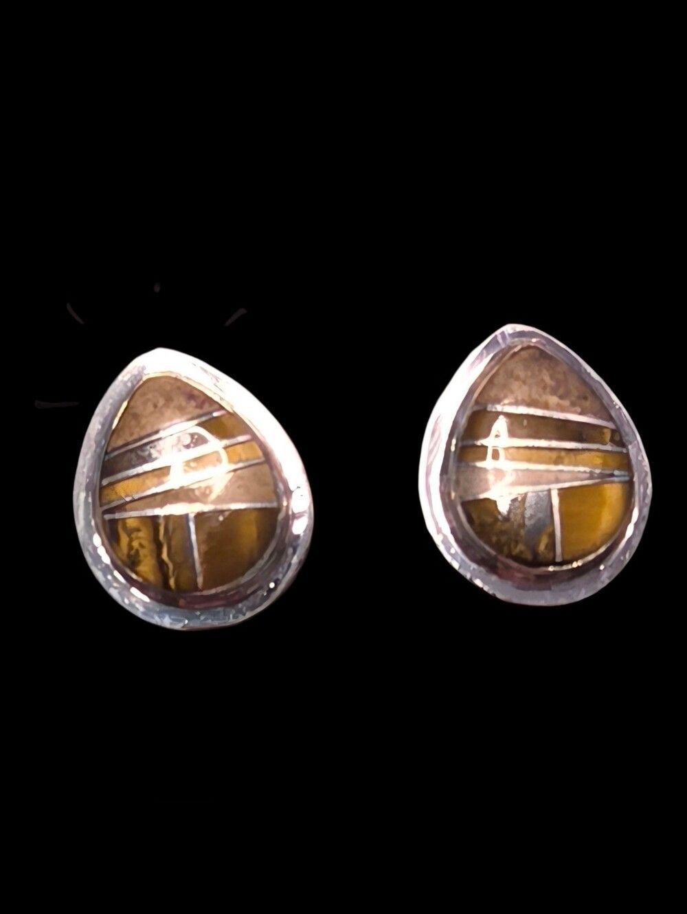 Navajo RB Sterling Silver Tiger Eye Jasper Inlay Pear Stud Earrings